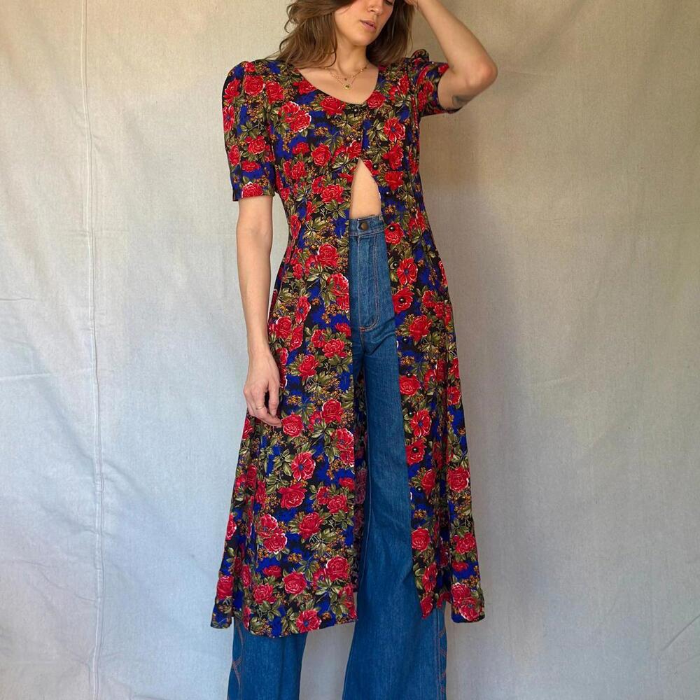 80s Black Floral Button Front Dress - Picture 12 of 12